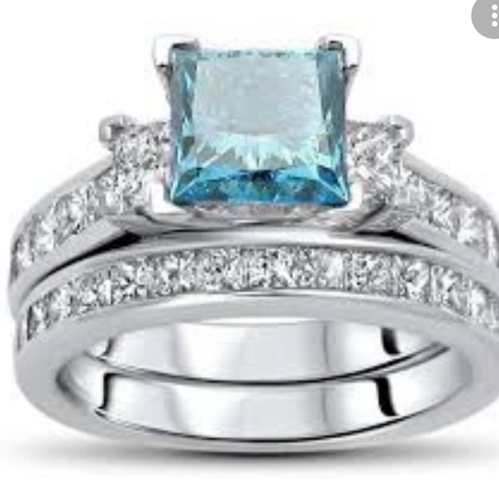 18K WHITE GOLD 2 1/2ct TDW Blue Princess-cut Diamond Bridal Set vermeil - Picture 6 of 10